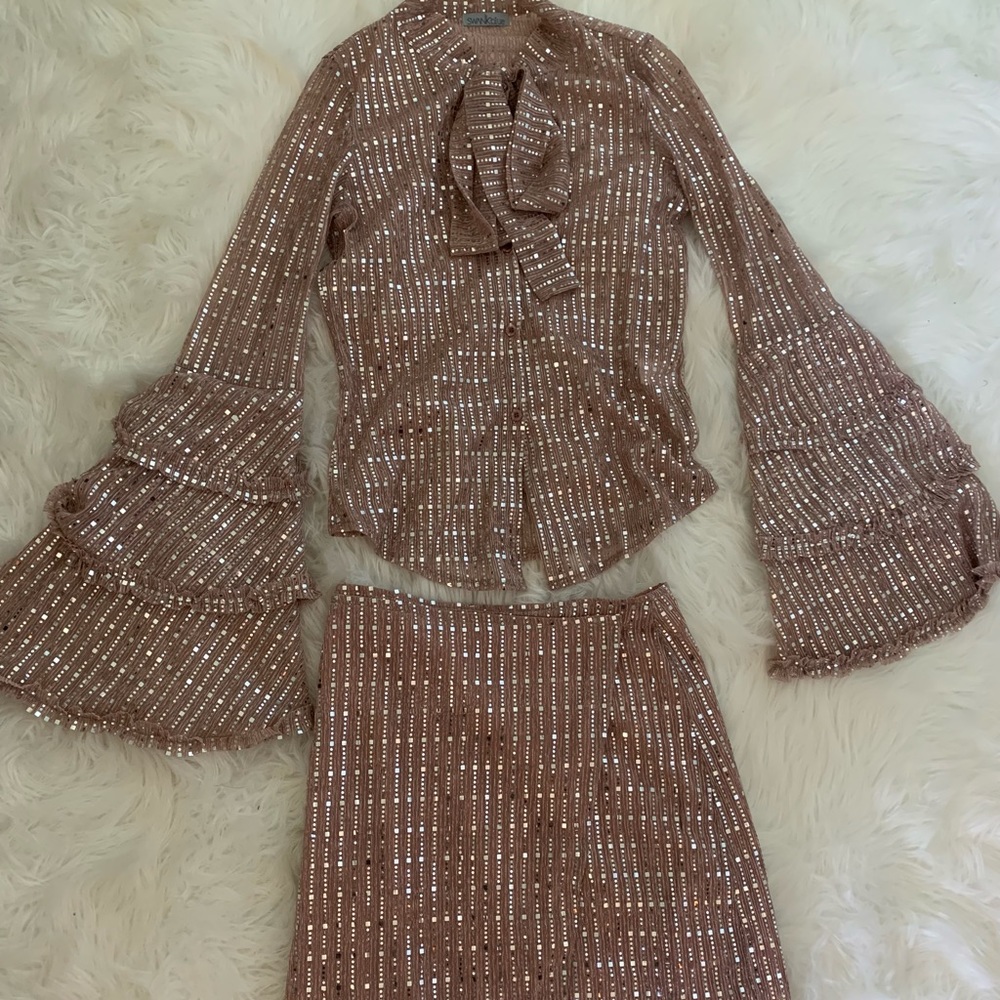 2 piece beige sequenced skirt and blouse set.